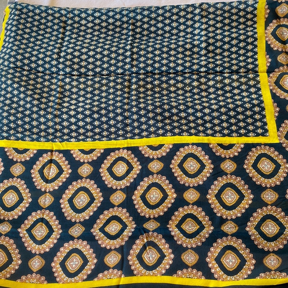 LOFT scarf. Very sophisticated scarf with rich blue and gold colors and pattern.